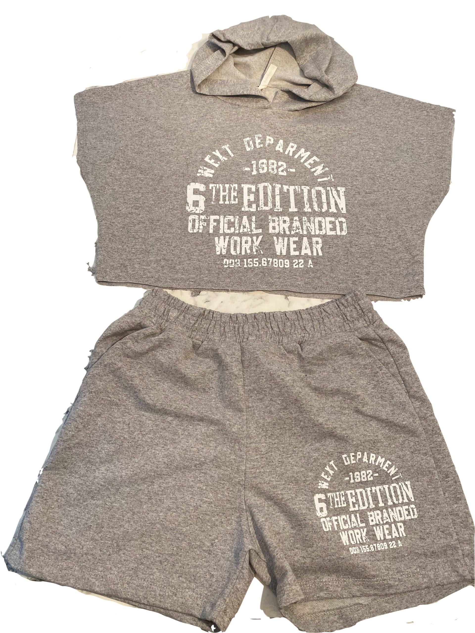 Kapşonlu Baskılı Şort Takım-GRİ